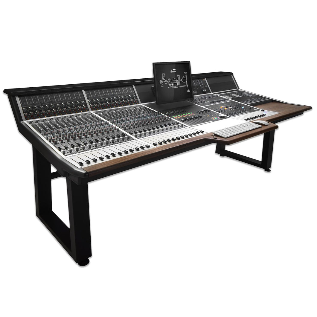 Audient ASP8024 Heritage Edition 24-Channel Console plus stand front view.