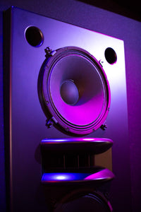Black Augspurger Duo-15 Speaker System close-up view in music studio.