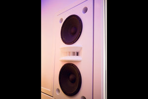 White Augspurger Duo-15 Single Speaker close-up view in music studio.