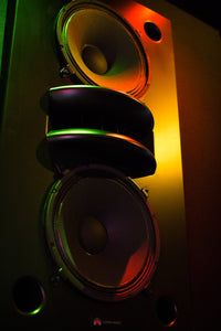 Black Augspurger Duo-15 Single Speaker close-up view in music studio.