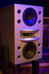 Augspurger White Duo-8 Single Speaker on Stand in music studio.
