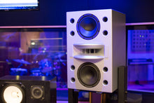 Load image into Gallery viewer, White Augspurger Duo-8 Single Speaker on Stand in music studio.