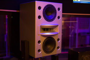 Augspurger Duo-8 Single White Speaker on Stand in music studio.